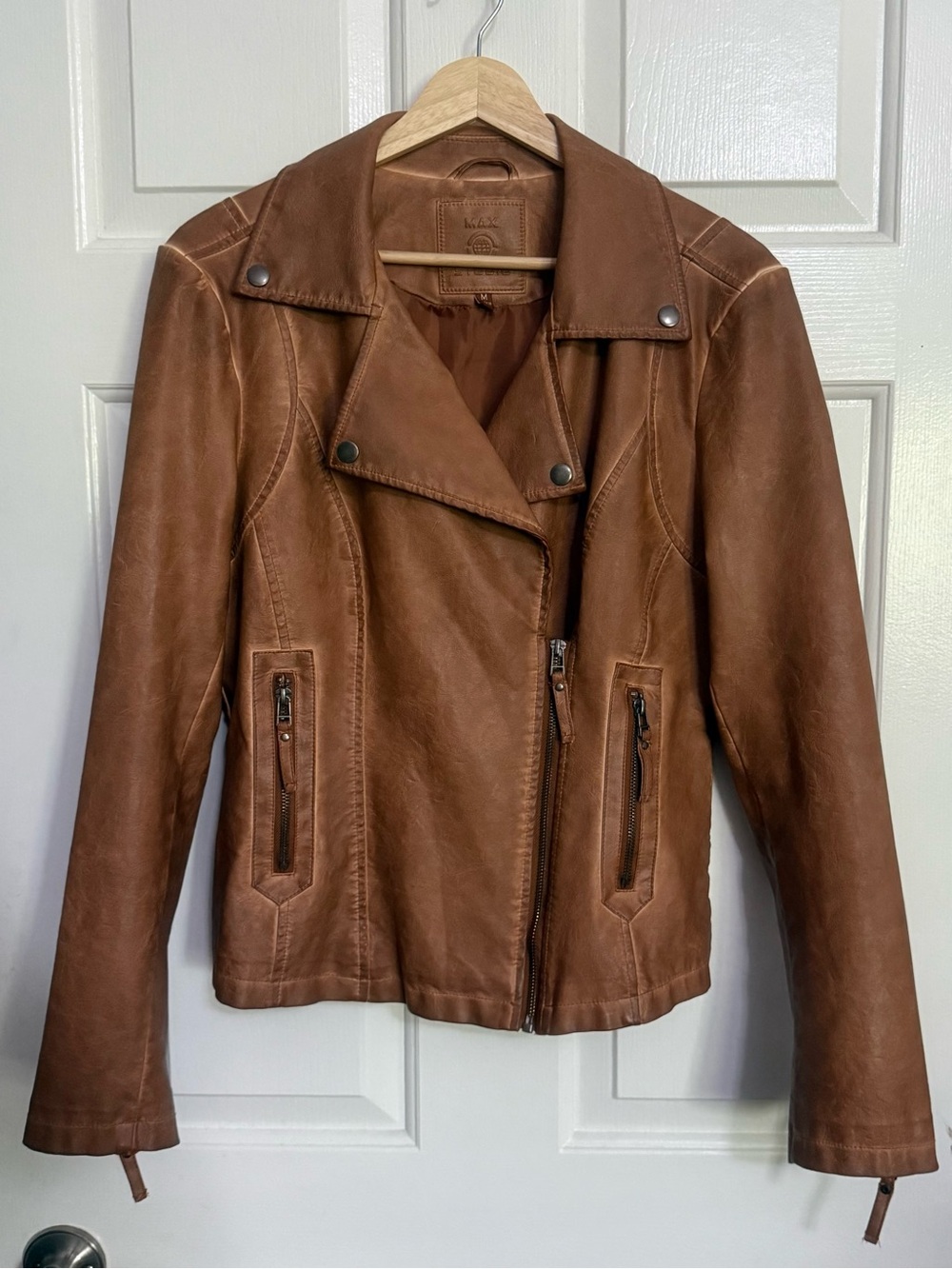 Max Studio Cognac Brown Faux Leather Moto Jacket – Medium